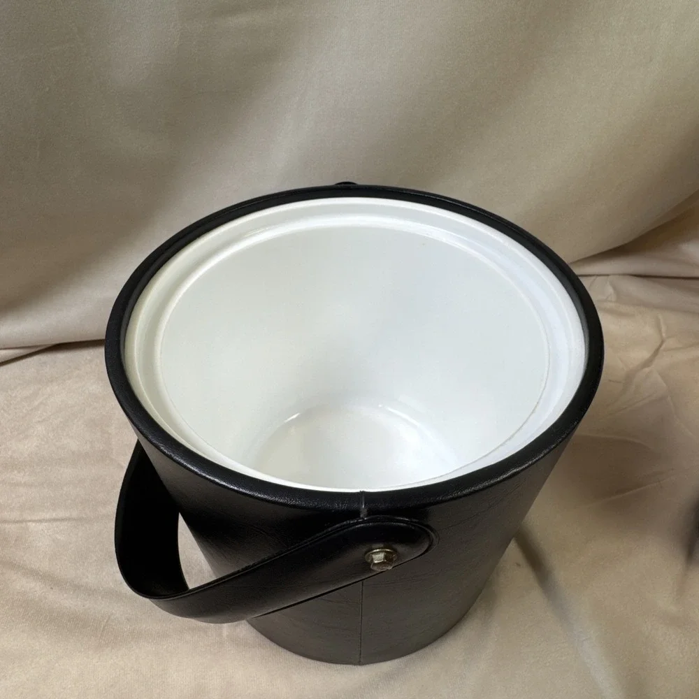 Vintage Black Faux Leather Ice Bucket with Lid‎ and Handle Mid Century Barware